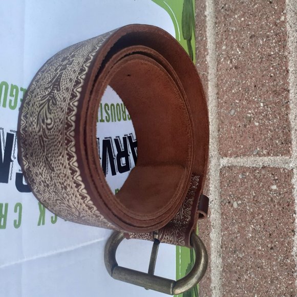 Leather Belt Mediterranean Handtooled designs 100%LEATHER in GOLDEN BROWN  34" - Picture 6 of 6